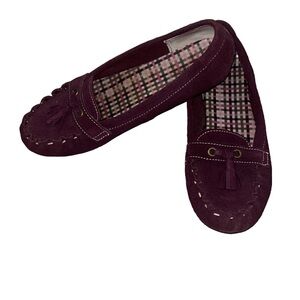 Lands End Suede Moccasin Flats Purple Leather Tassel Slip On Shoes Size 8